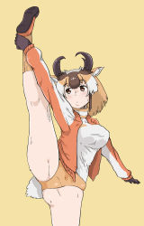 Rule 34 | animal ears, breasts, brown eyes, brown hair, buruma, cardigan, cowboy shot, extra ears, grey hair, horizontal pupils, horns, kemono friends, kemono friends 2, kneepits, leg up, light brown hair, long sleeves, looking up, medium breasts, medium hair, multicolored hair, myanmar (tenrai ha), open cardigan, open clothes, outstretched arms, outstretched leg, parted lips, pronghorn (kemono friends), shirt, shoe soles, shoes, simple background, solo, split, sportswear, spread legs, standing, standing on one leg, standing split, stretching, sweat, tail, yellow background