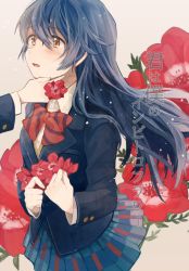 Rule 34 | 2girls, anemone (flower), anemone heart, bad id, bad pixiv id, blazer, blue hair, blush, bow, bowtie, commentary request, cover, cover page, cowboy shot, flower, hair between eyes, hand on another&#039;s chin, holding, holding flower, jacket, long hair, long sleeves, looking at another, love live!, love live! school idol project, minami kotori, multiple girls, open mouth, otonokizaka school uniform, plaid, plaid skirt, pleated skirt, red neckwear, school uniform, skirt, sonoda umi, striped bow, striped bowtie, striped clothes, striped neckwear, text focus, yellow eyes, yuzuhara moke