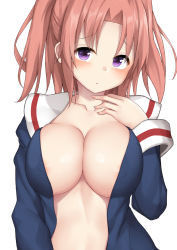 Rule 34 | 1girl, bad id, bad pixiv id, blue shirt, blush, breasts, cleavage, closed mouth, collarbone, commentary request, covered erect nipples, fingernails, large breasts, light brown hair, long hair, long sleeves, looking at viewer, mikakunin de shinkoukei, mizushina minato, open clothes, open shirt, parted bangs, purple eyes, sailor collar, school uniform, serafuku, shirt, side ponytail, simple background, solo, white background, white sailor collar, yonomori kobeni