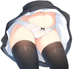 Rule 34 | 1girl, black thighhighs, bow, bow panties, close-up, clothes lift, dress, dress lift, from below, head out of frame, legs, lower body, maid, navel, original, otokuyou, panties, ringo-chan (otokuyou), simple background, solo, thighhighs, thighs, underwear, upskirt, white background, white panties
