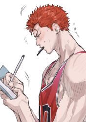 Rule 34 | 1boy, absurdres, basketball jersey, bishounen, black eyes, blush, book, chamuring, earrings, highres, holding, holding book, holding pen, jewelry, looking down, male focus, open mouth, pectoral cleavage, pectorals, pen, pen in mouth, profile, red hair, red tank top, sakuragi hanamichi, short hair, slam dunk (series), solo, stud earrings, tank top, toned, toned male, upper body, white background, writing