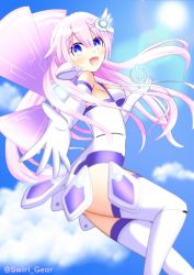 Rule 34 | absurdres, bare shoulders, blue eyes, blue sky, bodysuit, boots, breasts, cloud, gloves, hair ornament, hairclip, happy, highres, long hair, medium breasts, nepgear, neptune (series), open mouth, pink hair, purple sister, sky, swirl gear, thighs, wings