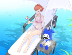 Rule 34 | 1girl, 1other, barefoot, beach chair, bikini, blue footwear, bow, bow bikini, brown hair, closed eyes, drink, fangs, food, hair ornament, hat, holding, holding food, holding ice cream, ice cream, jack frost (megami tensei), jester cap, looking at food, looking to the side, open mouth, persona, persona 3, persona 3 portable, pink bikini, pink bow, red eyes, shiomi kotone, shiweru, short hair, smile, soft serve, swimsuit, umbrella, water