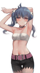 Rule 34 | 1girl, arms up, belt, black shorts, blue hair, blush, chest sarashi, choker, closed mouth, covered erect nipples, earrings, highres, jewelry, ji-yoon (jourd4n), long hair, looking at viewer, nail polish, navel, original, pink eyes, sarashi, short shorts, shorts, simple background, solo, standing, stomach, torriet, twintails, white background