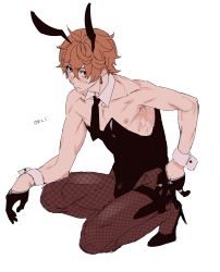 Rule 34 | 1boy, absurdres, ahoge, animal ears, bare shoulders, black gloves, black necktie, blue eyes, blush, closed mouth, collarbone, commentary request, detached collar, earrings, fake animal ears, genshin impact, gloves, hair between eyes, half gloves, hand on own hip, high heels, highres, jewelry, leotard, looking at viewer, male focus, necktie, nipples, oisimntbti7, orange hair, pantyhose, pectorals, playboy bunny, rabbit ears, rabbit tail, short necktie, simple background, single earring, solo, squatting, tail, tartaglia (genshin impact), white background, wrist cuffs
