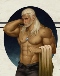 Rule 34 | 1boy, abs, alternate facial hair, arm behind head, bara, beard, chest hair, denim, facial hair, geralt of rivia, jeans, large pectorals, long hair, looking at viewer, male focus, mature male, muscular, muscular male, navel, nipples, old, old man, open pants, pants, pectorals, scar, scar across eye, scar on chest, scar on face, scar on stomach, topless male, solo, stomach, the witcher (series), white hair, xelgot