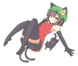 Rule 34 | 1girl, :&lt;, adapted costume, animal ears, bare shoulders, black gloves, black thighhighs, blush, brown hair, cat, cat ears, cat tail, chen, earrings, elbow gloves, female focus, gloves, hat, jewelry, lock heart (juuryokudou), multiple tails, red eyes, short hair, simple background, single earring, solo, star (symbol), tail, thighhighs, touhou, zettai ryouiki