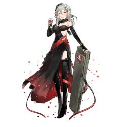 Rule 34 | 1girl, alcohol, aosora kamiya, black dress, black footwear, black gloves, black hat, blush, boots, breasts, cleavage, cup, dress, drinking glass, elbow gloves, fingerless gloves, full body, girls&#039; frontline, gloves, gradient dress, grey hair, hair between eyes, hair ornament, hat, high heel boots, high heels, holding, holding cup, holding suitcase, long hair, looking at viewer, official alternate costume, official art, open mouth, petals, red dress, serbia, sheath, smile, solo, standing, suitcase, thigh boots, thighhighs, transparent background, two-tone dress, wine, wine glass, yellow eyes, yugoslavian flag, zas m76 (dancer of the night) (girls&#039; frontline), zas m76 (girls&#039; frontline)