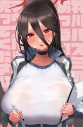 Rule 34 | 1girl, :d, black hair, black wings, blue archive, blush, breasts, choker, clipboard, feathered wings, hair between eyes, halo, hasumi (blue archive), hasumi (track) (blue archive), hei (heiyohei), highres, holding, holding pen, jacket, large breasts, long hair, looking at viewer, mole, mole under eye, open mouth, pen, ponytail, smile, solo, sweat, wings