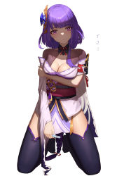Rule 34 | 1girl, absurdres, armor, braid, breast hold, breasts, choker, cleavage, closed mouth, commentary, cowboy shot, expressionless, flower, genshin impact, hair flower, hair ornament, head tilt, highres, holding, holding own arm, japanese clothes, kimono, kneeling, light blush, long hair, long sleeves, looking at viewer, low-braided long hair, low-tied long hair, medium breasts, mitsudomoe (shape), mole, mole under eye, no gloves, obi, obiage, obijime, off shoulder, pregnancy test, purple eyes, purple flower, purple hair, purple kimono, purple thighhighs, raiden shogun, red ribbon, ribbon, ribbon choker, sash, shaded face, short kimono, shoulder armor, shrug (clothing), simple background, solo, thighhighs, tomoe (symbol), too (totoo), translation request, very long hair, white background
