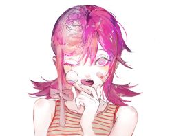 Rule 34 | 1girl, bandaid, bandaid on face, chainsaw man, cosmo (chainsaw man), eyeball, guro, hair between eyes, kf8fw, one eye closed, pink hair, sharp teeth, simple background, solo, teeth, tongue, tongue out, white background