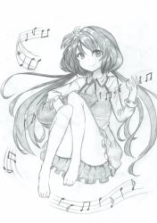 Rule 34 | 1girl, barefoot, beamed quavers, biwa lute, closed mouth, collar, commentary request, dress, flower, frilled dress, frilled sleeves, frills, graphite (medium), greyscale, hair flower, hair ornament, highres, instrument, legs, legs up, long hair, long sleeves, looking at viewer, low twintails, lute (instrument), mahiro (akino-suisen), monochrome, music, musical note, neck ribbon, no panties, playing instrument, ribbon, sitting, smile, solo, touhou, traditional media, tsukumo benben, twintails, very long hair