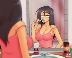 Rule 34 | 1girl, artist name, black hair, blurry, breasts, brushing teeth, cleavage, commentary, curtains, depth of field, english commentary, eyebrows hidden by hair, large breasts, long hair, mirror, nortuet, original, pink tank top, reflection, sink, solo, spaghetti strap, strap slip, tank top, toothbrush, upper body