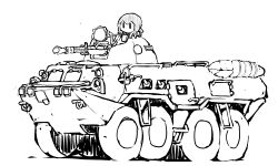 Rule 34 | 1girl, amphibious vehicle, armored personnel carrier, armored vehicle, black hair, chibi, fubuki (kancolle), greyscale, kantai collection, military, military vehicle, monochrome, no mouth, remote controlled weapon station, short hair, solo, task (s task80), turret, white background, | |