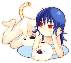 Rule 34 | 1girl, ahoge, arm support, bachera, barefoot, blue hair, bored, cushion, feet, lying, nude, on side, original, red eyes, short hair, simple background, solo, striped, stuffed animal, stuffed toy, thighs, towel, white background