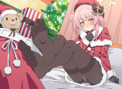 Rule 34 | 1girl, bed, blue archive, blush, box, christmas, christmas tree, feet, foot focus, gift, gift box, hat, long hair, looking at viewer, official alternate costume, panties, panties under pantyhose, pantyhose, pantyshot, pink eyes, pink hair, santa costume, serina (blue archive), serina (christmas) (blue archive), soles, stuffed animal, stuffed toy, toes, underwear, yghm