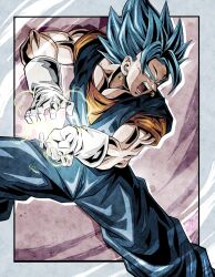 Rule 34 | 1boy, angry, biceps, blue eyes, blue hair, blue pants, blue sash, border, brown background, commentary request, dougi, dragon ball, dragon ball super, earrings, energy, energy ball, gloves, grey border, highres, jewelry, kamehameha (dragon ball), male focus, muscular, muscular male, open mouth, orange shirt, outside border, pants, pectorals, potara earrings, sash, shirt, short sleeves, simple background, solo, spiked hair, standing, super saiyan, super saiyan blue, teeth, tongue, ushi (akabec0), v-shaped eyebrows, vegetto, white gloves