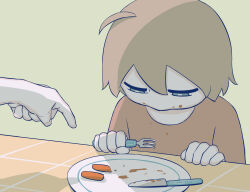 Rule 34 | 1boy, 1other, absurdres, ahoge, avogado6, blue eyes, brown shirt, carrot, closed mouth, food, food on face, fork, green background, hair between eyes, half-closed eyes, hand up, highres, holding, holding fork, knife, light brown hair, looking down, original, plate, pointing, shadow, shirt, short hair, short sleeves, simple background, sitting, solo focus, t-shirt, table