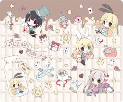 Rule 34 | 4girls, ace (playing card), ace of hearts, alice (alice in wonderland), alice (alice in wonderland) (cosplay), alice in wonderland, alternate costume, amatsukaze (kancolle), anchor, apron, ascot, atago (kancolle), ayase hazuki, black hair, black legwear, blonde hair, bow, bowtie, box, candle, candy, card, cheshire cat (alice in wonderland), cheshire cat (cosplay), chibi, chocolate, chocolate heart, cosplay, cup, flower, food, gift, gift box, hair ornament, hat, heart, heart lock (kantai collection), kantai collection, key, lifebuoy, mad hatter (alice in wonderland), mad hatter (alice in wonderland) (cosplay), multiple girls, playing card, poker, purple legwear, rabbit hair ornament, rensouhou-chan, rose, shimakaze (kancolle), striped clothes, striped legwear, striped thighhighs, swim ring, takao (kancolle), teacup, thighhighs, top hat, torpedo, twintails, white bow, white bowtie