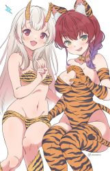 Rule 34 | 2girls, animal ear fluff, animal ears, animal print, bare shoulders, bell, bikini, blush, breasts, cleavage, collar, collarbone, fang, gloves, heterochromia, highres, hololive, horns, houshou marine, jingle bell, leotard, long hair, looking at viewer, medium breasts, multicolored hair, multiple girls, nakiri ayame, navel, oni, open mouth, red eyes, red hair, silver hair, simple background, skin-covered horns, skin fang, small breasts, smile, strapless, streaked hair, swimsuit, tail, thighhighs, tiger ears, tiger print, tiger tail, v, vinhnyu, virtual youtuber, white background, yellow eyes