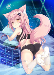 Rule 34 | 1girl, animal ear fluff, animal ears, ass, bandaid, bandaid on leg, bare shoulders, bed sheet, black bra, black panties, blush, bra, breasts, brown eyes, closed mouth, commentary request, english text, fox ears, fox girl, fox tail, hair between eyes, hair ornament, highres, holographic interface, holographic keyboard, hugging object, long hair, looking at viewer, looking back, lying, no shoes, on stomach, original, panties, pillow, pillow hug, pink hair, ribbed legwear, sakuraba hikaru (loveindog), small breasts, smile, socks, soles, solo, sports bra, tail, typo, underwear, underwear only, very long hair, white socks