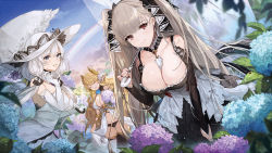 Rule 34 | 3girls, azur lane, bare shoulders, between breasts, black dress, blonde hair, blue eyes, blue sky, blush, breasts, cleavage, cloud, cropped, day, diffraction spikes, dress, earrings, elbow gloves, flower, formidable (azur lane), frilled dress, frills, gloves, grey hair, hair ornament, hair ribbon, hat, highres, hydrangea, illustrious (azur lane), jewelry, lace trim, large breasts, laurel crown, leaning forward, lirica, long hair, long sleeves, looking at viewer, mole, mole under eye, multiple girls, navel, non-web source, official art, open mouth, outdoors, rainbow, red eyes, ribbon, sky, smile, strapless, strapless dress, sun hat, twintails, very long hair, victorious (azur lane), water drop, white dress, white gloves, white hair, white headwear