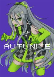 Rule 34 | 1girl, absurdres, bad id, bad pixiv id, bare shoulders, colored tongue, commentary request, cropped legs, dress, elbow gloves, gloves, green eyes, green gloves, green thighhighs, green tongue, grey dress, grey hair, hair between eyes, hair ornament, hairclip, highres, long hair, looking at viewer, original, paravene, personification, ponytail, purple background, simple background, sleeveless, sleeveless dress, solo, thighhighs, tongue, tongue out, v-shaped eyebrows, very long hair