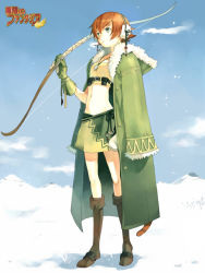Rule 34 | 1girl, boots, bow (weapon), breath, brown hair, cape, coat, day, earmuffs, fur trim, gloves, green eyes, itsukawa kiduku, jacket, jacket on shoulders, jewelry, knee boots, long coat, midriff, navel, necklace, original, short hair, skirt, sky, snow, snowing, solo, tail, weapon