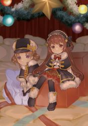 Rule 34 | 2girls, boots, bow, braid, brown eyes, brown hair, capelet, christmas ornaments, comet543, frilled hairband, frilled sleeves, frills, fur trim, gift, hairband, hat, hat bow, hat ornament, highres, hiiragi nemu, long hair, long sleeves, magia record: mahou shoujo madoka magica gaiden, mahou shoujo madoka magica, multiple girls, purple eyes, ribbon, satomi touka, smile