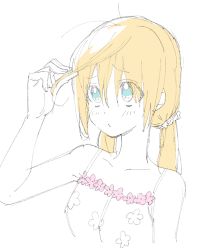 Rule 34 | 1girl, absurdres, bad id, bad twitter id, bare arms, bare shoulders, blue eyes, closed mouth, donguri suzume, frown, hair between eyes, hand up, highres, holding, holding own hair, long hair, looking up, low twintails, messy hair, orange hair, pajamas, sketch, solo, twintails