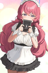 Rule 34 | 1girl, alternate costume, apron, black skirt, blue archive, blush, book, commentary, commission, enmaided, hair between eyes, halo, highres, holding, holding book, iroha (blue archive), long hair, looking at viewer, maid, maid apron, maid headdress, purple eyes, red hair, skirt, solo, thighs, twin (tt lsh), wrist cuffs