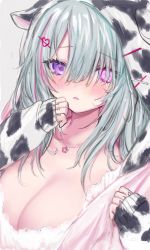 Rule 34 | 1girl, animal print, blush, breasts, collarbone, copyright request, cow hood, cow print, crown, flying sweatdrops, green hair, grey background, hair ornament, hair over one eye, hairclip, hands up, heart, heart hair ornament, heterochromia, highres, hood, hood up, hooded jacket, jacket, large breasts, long sleeves, looking at viewer, mini crown, multicolored hair, parted lips, pink eyes, pink hair, print jacket, puffy long sleeves, puffy sleeves, purple eyes, shiodome oji, simple background, sleeves past wrists, solo, streaked hair, upper body, virtual youtuber