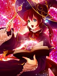 Rule 34 | 1girl, :d, blue eyes, book, bow, bowtie, cowboy shot, frilled sleeves, frills, green eyes, grimoire, hair between eyes, hat, heterochromia, jewelry, long sleeves, magical girl, necklace, open book, open mouth, original, ponytail, red background, red hair, robe, satochi (1122), short hair, smile, solo, sparkle, wand, witch hat