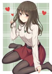 Rule 34 | 1girl, belt, belt buckle, black belt, black pantyhose, blush, breasts, brown eyes, brown hair, buckle, commentary request, fingernails, hair between eyes, heart, holding, holding own hair, jewelry, long hair, long sleeves, looking at viewer, medium breasts, nakamura sumikage, no shoes, original, pantyhose, pendant, plaid, plaid background, red skirt, ribbed sweater, sitting, skirt, sleeves past wrists, smile, solo, sweater, wariza, white sweater