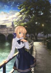 Rule 34 | 1girl, adapted costume, ahoge, artoria pendragon (all), artoria pendragon (fate), bench, blonde hair, blue bow, blue bowtie, blue skirt, bow, bowtie, braid, building, cloud, day, fate/stay night, fate (series), french braid, grass, green eyes, hair bow, hand on own chest, hand on railing, highres, lamppost, looking at viewer, outdoors, park, park bench, railing, saber (fate), shirt, skirt, sky, smile, solo, takeuchi takashi, trash can, tree, water, white shirt