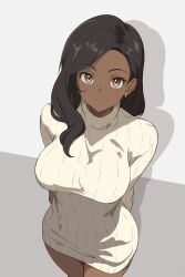Rule 34 | 1girl, arms behind back, black hair, breasts, brown hair, chocomiru, commentary, dark-skinned female, dark skin, earrings, english commentary, from above, hair over shoulder, highres, jewelry, large breasts, looking at viewer, medium hair, original, ribbed sweater, shadow, smile, solo, sweater, white background