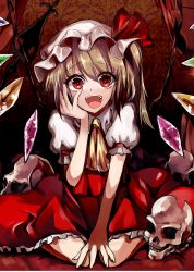 Rule 34 | 1girl, absurdres, arm support, ascot, asymmetrical hair, asymmetrical wings, bed, bed sheet, blonde hair, crazy smile, dress, flandre scarlet, hand on own face, hat, highres, katayama kei, laevatein, looking at viewer, mob cap, open mouth, pov, puffy short sleeves, puffy sleeves, red dress, red eyes, ribbon, short hair, short sleeves, sitting, skull, smile, solo, touhou, white hat, wings