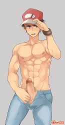 Rule 34 | 1boy, abs, aper sexy, creatures (company), erection, game freak, hat, highres, male focus, muscular, nintendo, pectorals, penis, pokemon, pokemon generations, pokemon sm, red (pokemon), red (pokemon sm), solo, tagme, topless male, undressing