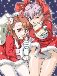 Rule 34 | 2girls, blue background, blue eyes, brown eyes, brown hair, christmas, gift, gloves, hair ribbon, holding, holding gift, jon shicchiou, legs, long hair, multiple girls, one eye closed, pantyhose, pink hair, raquel applegate, ribbon, santa costume, skirt, smile, snow, twintails, two side up, white pantyhose, wild arms, wild arms 4, wink, yulie ahtreide
