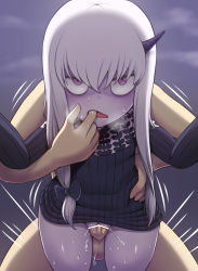Rule 34 | 1boy, 1girl, bar censor, bow, censored, clothed female nude male, colored skin, fate/grand order, fate (series), finger in another&#039;s mouth, hair between eyes, hair bow, hetero, highres, horns, lavinia whateley (fate), long hair, nude, open mouth, penis, purple eyes, purple skin, pussy juice, rantana (lalalalackluster), sanpaku, sex, single horn, solo focus, sweat, textless version, vaginal, white hair