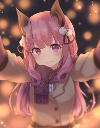 Rule 34 | 1girl, animal ears, animare, bad id, bad pixiv id, bat ears, belt, black ribbon, blurry, blush, bokeh, brown coat, buttons, closed mouth, coat, commentary request, depth of field, fang, fringe trim, hair ornament, hair ribbon, head tilt, highres, long hair, long sleeves, looking at viewer, maka neko, nanashi inc., outstretched arms, pink hair, pom pom (clothes), purple eyes, purple scarf, reaching, reaching towards viewer, ribbon, sanpaku, scarf, smile, solo, tareme, umori hinako, upper body, virtual youtuber, wavy hair, wing collar, winter clothes