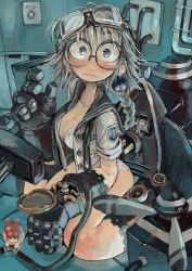 Rule 34 | 1girl, blue eyes, blush, bra, braid, breasts, cleavage, commentary request, ebimomo, glasses, goggles, goggles on head, long hair, mechanical arms, medium breasts, messy hair, original, panties, round eyewear, sailor collar, single braid, sitting, solo, unbuttoned, unbuttoned shirt, underwear, wariza, wide-eyed