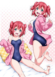 Rule 34 | 1girl, :d, aqua eyes, ass, barefoot, bed, blue one-piece swimsuit, blush, breasts, clenched hands, commentary request, competition school swimsuit, drawstring, halftone, halftone background, highres, jacket, kurosawa ruby, looking at viewer, looking back, love live!, love live! sunshine!!, medium hair, multiple views, one-piece swimsuit, open mouth, outline, pillow, pink background, pink jacket, school swimsuit, school uniform, sitting, sleeves past wrists, small breasts, smile, standing, standing on one leg, swimsuit, two side up, white outline, yopparai oni