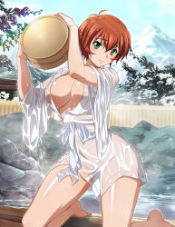 Rule 34 | 1girl, bare legs, barefoot, breasts, brown hair, chinkyuu koudai, cleavage, closed mouth, day, frown, green eyes, hair between eyes, holding, ikkitousen, japanese clothes, kimono, kneeling, large breasts, onsen, open clothes, open kimono, shiny skin, short hair, short kimono, solo, wet, wet hair, wet kimono, white kimono, wide sleeves