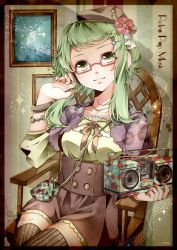 Rule 34 | 1girl, chair, collarbone, dress, flower, glasses, green eyes, green hair, gumi, hat, hat flower, highres, holding, matching hair/eyes, nou (nounknown), portrait (object), short hair, sitting, solo, sparkle, stereo, striped clothes, striped thighhighs, thighhighs, vocaloid