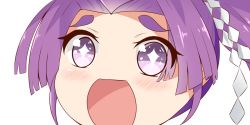 Rule 34 | + +, 10s, 1girl, close-up, hatsuharu (kancolle), kantai collection, long hair, looking at viewer, nahaki, no nose, open mouth, ponytail, portrait, purple eyes, purple hair, short eyebrows, simple background, sin-poi, solo, sparkling eyes, symbol-shaped pupils, white background
