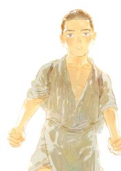 Rule 34 | 1boy, aged down, brown hair, chengongzi123, child, cowboy shot, golden kamuy, green kimono, grey eyes, highres, japanese clothes, kimono, looking at viewer, male focus, short hair, simple background, standing, tsukishima hajime, very short hair, white background