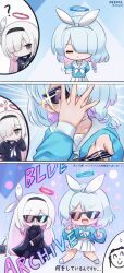 Rule 34 | 1boy, 2girls, 3koma, :d, absurdres, aqua hair, arona (blue archive), black coat, black eyes, blue archive, braid, chibi, coat, colored inner hair, comic, commentary request, dancing, doodle sensei (blue archive), hair ornament, hair over one eye, hairband, highres, long hair, long sleeves, looking at viewer, multicolored hair, multiple girls, nekoya (liu), open clothes, open coat, open mouth, pixiv username, plana (blue archive), school uniform, sensei (blue archive), serafuku, short hair, sidelocks, simple background, single braid, smile, smug, sunglasses, two-tone hair, white hair