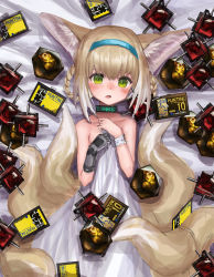 Rule 34 | 1girl, absurdres, animal ears, arknights, bed sheet, blonde hair, blue hairband, blush, braid, commentary, fox ears, fox girl, fox tail, gloves, green eyes, hairband, headhunting permit (arknights), highres, infection monitor (arknights), kitsune, kyuubi, looking at viewer, multiple tails, naked sheet, open mouth, originium (arknights), orundum (arknights), short hair, single glove, solo, suzuran (arknights), tail, wristband, yotokei