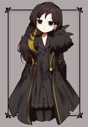 Rule 34 | 1girl, binah (project moon), black coat, black dress, black eyes, black hair, black pantyhose, blonde hair, buttons, coat, commentary request, cropped legs, dress, earclip, empty eyes, expressionless, flat chest, fur-trimmed coat, fur trim, head tilt, highres, hoshizuki sakusa, library of ruina, long hair, long sleeves, looking at viewer, mole, mole under eye, multicolored hair, open clothes, open coat, pantyhose, project moon, sailor dress, solo